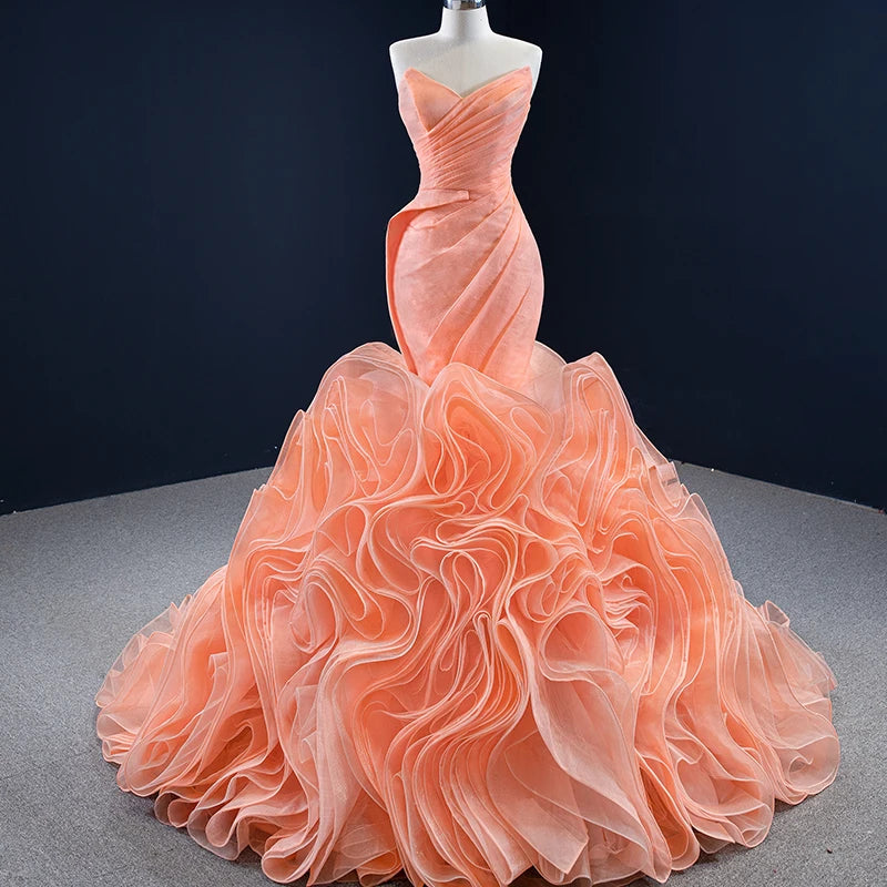 Peach Rosette Trumpet Wedding Dresses Strapless Pageant Gown 67212