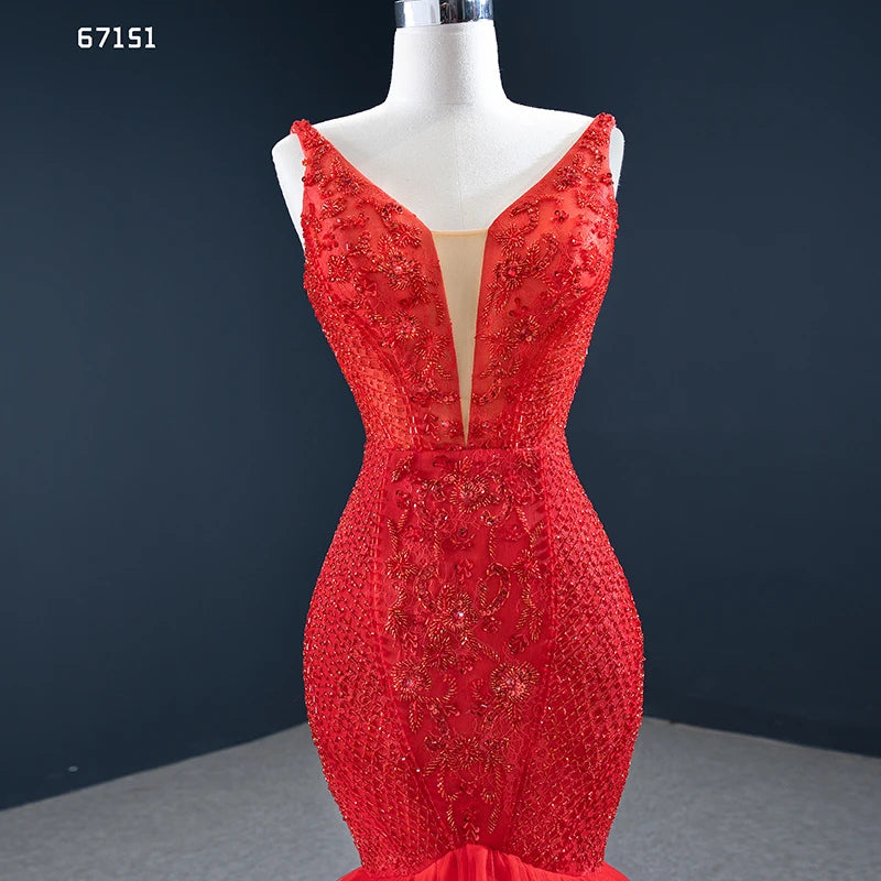 Beaded Red Mermaid Prom Dresses Plunging V-neck Formal Dress 67151
