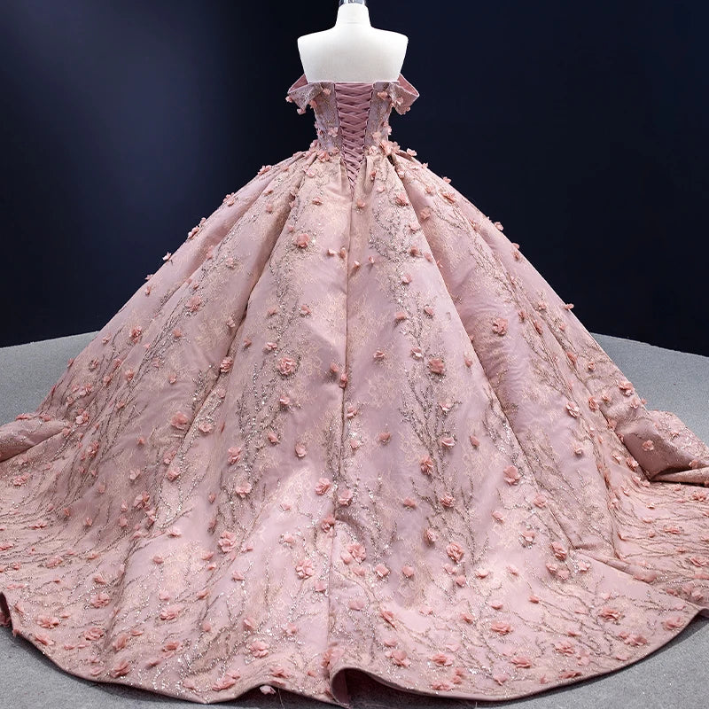 Btydress Flower Pink Off Shoulder Ball Gown Sweetheart Evening Women Dress 222160