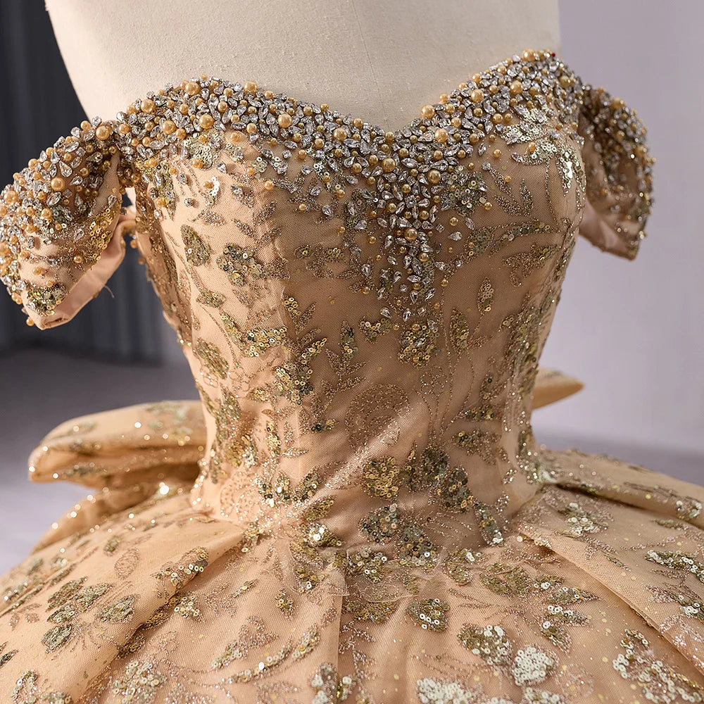 Off Shoulder Golden Bow Puffy Ball Gown Evening Dresses 241043