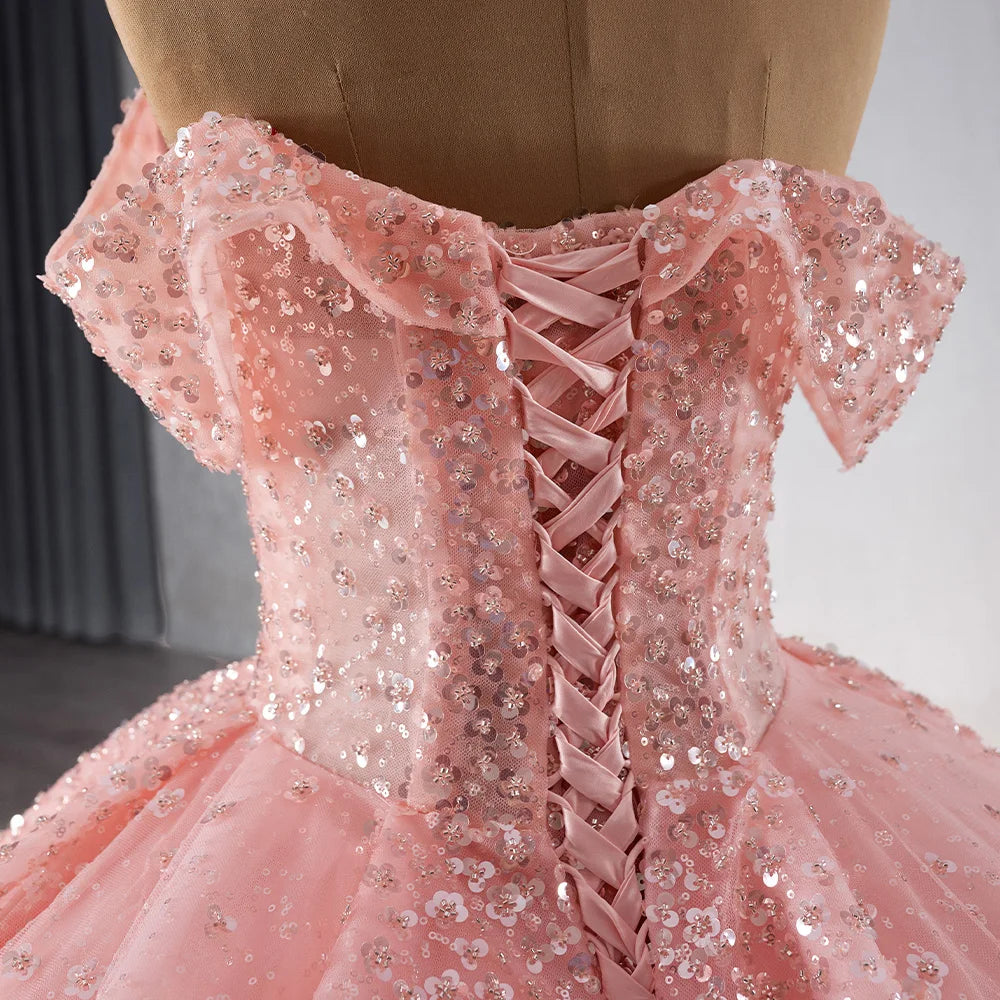 Princess Pink Sequins Off Shoulder Evening Prom Dresses 241077