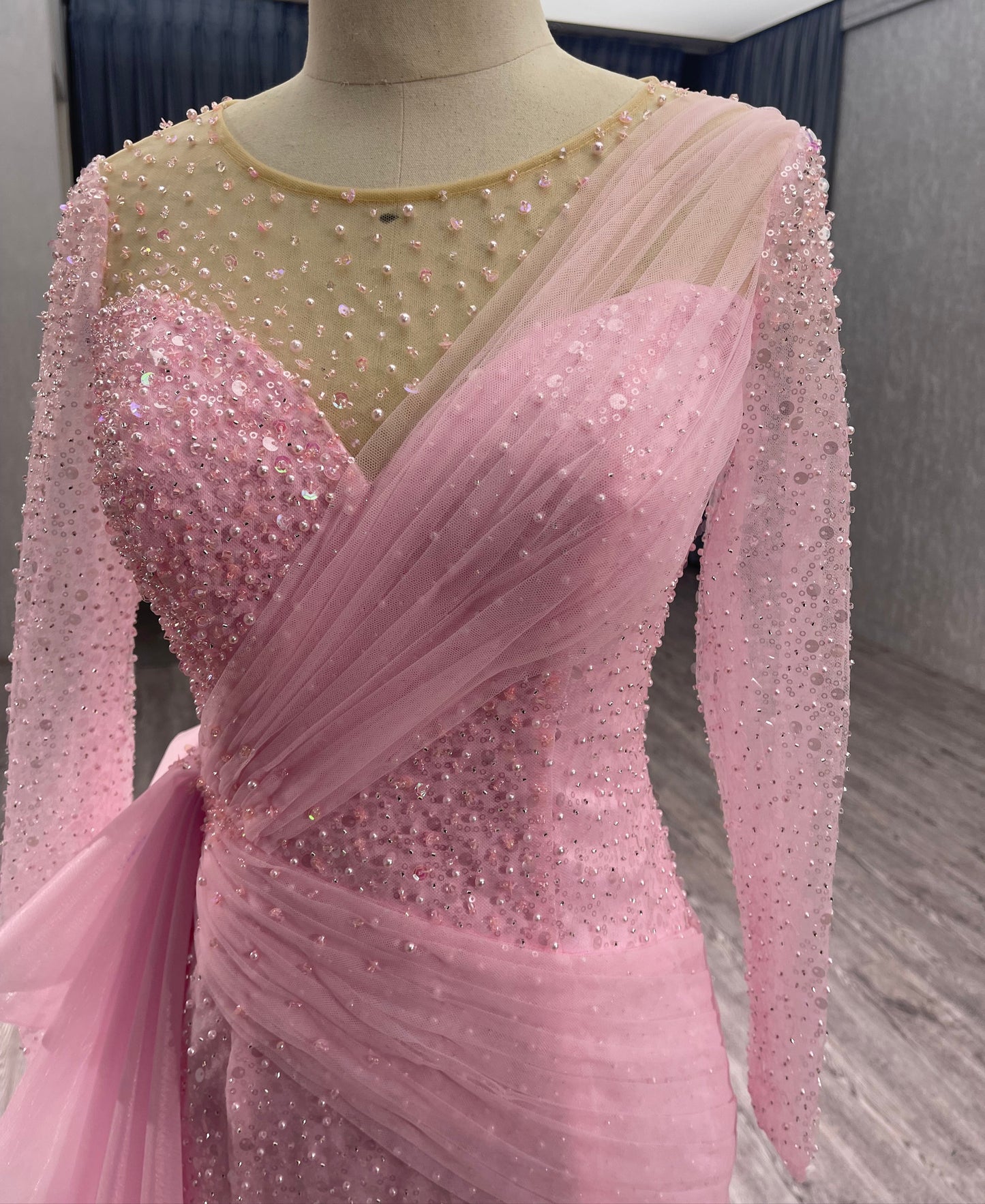 Pink Beads Sequince Ruffles Evening Dress 222213