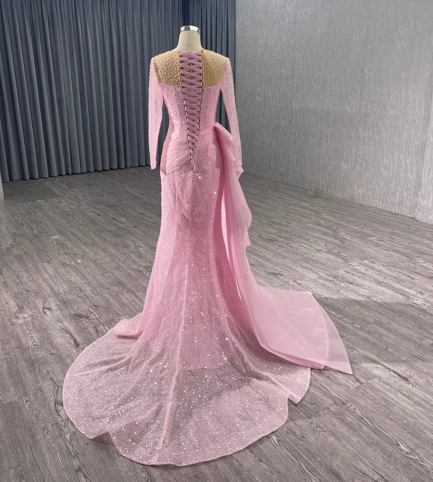 Pink Beads Sequince Ruffles Evening Dress 222213