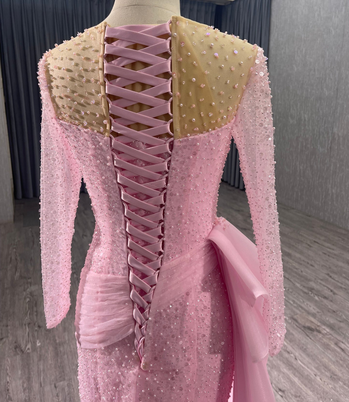 Pink Beads Sequince Ruffles Evening Dress 222213