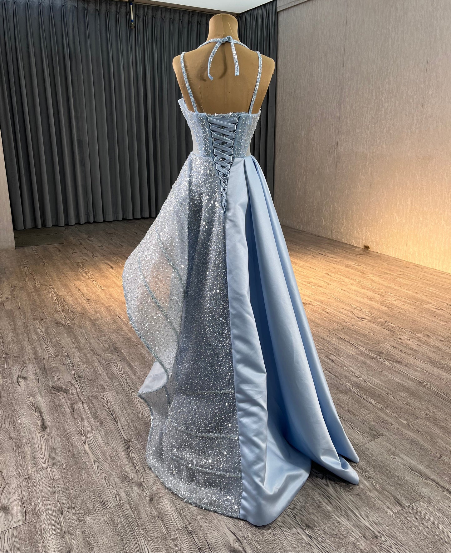 Blue Asymmetrical Beads Sequince Unique Evening Prom Dress 222216