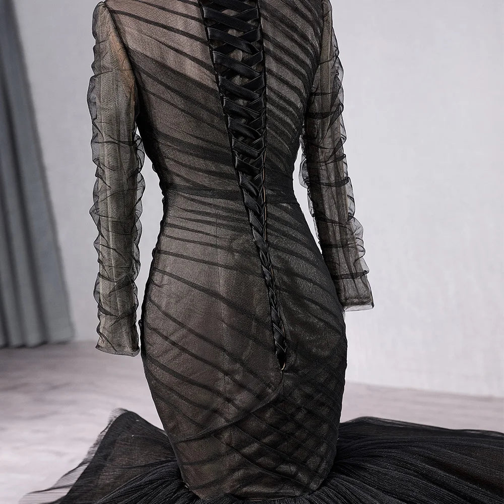 Muslim Black Long Sleeve Evening Party Gowns Dresses Mermaids 241054