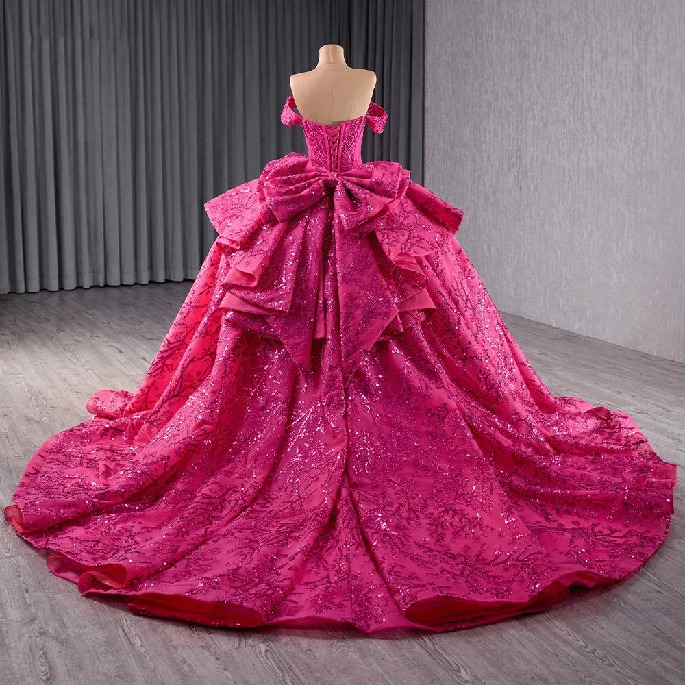 Fuchsia Pearls Puffy Quinceanera Dresses for Birthday Party