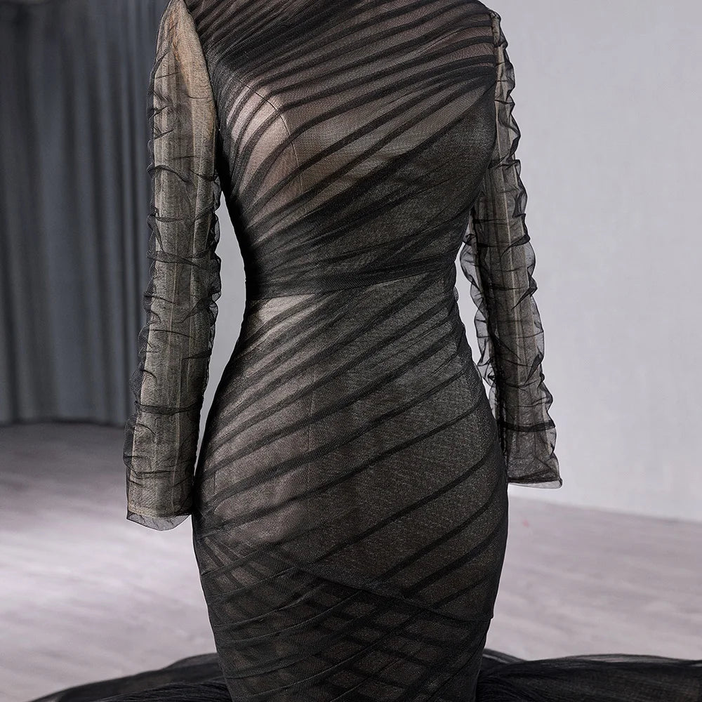Muslim Black Long Sleeve Evening Party Gowns Dresses Mermaids 241054