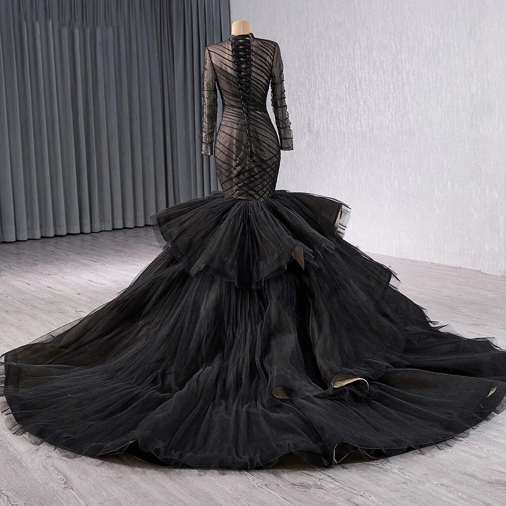 Muslim Black Long Sleeve Evening Party Gowns Dresses Mermaids 241054