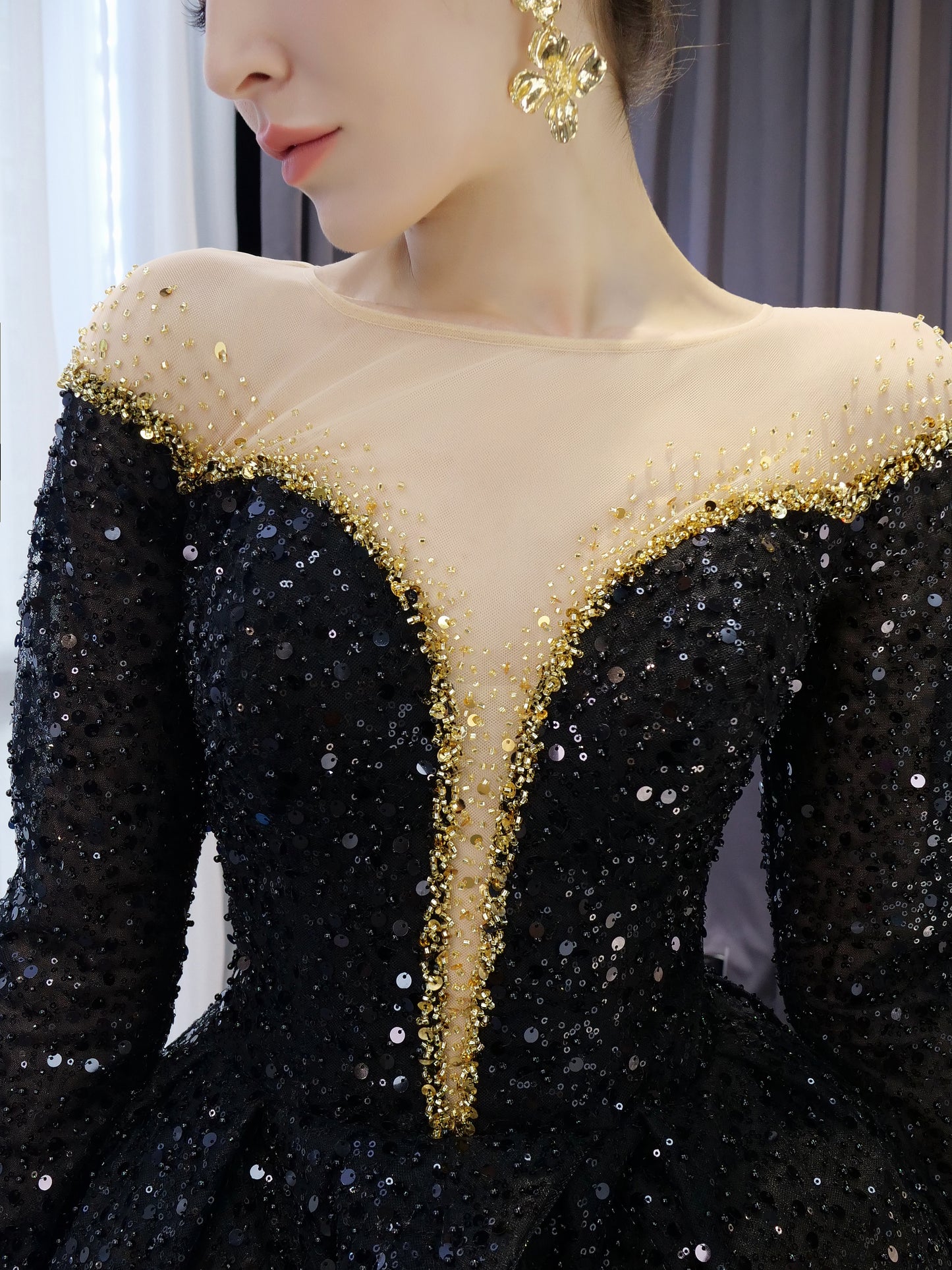 Black Party Long Sleeve Feather Evening Dresses for Girls 241060