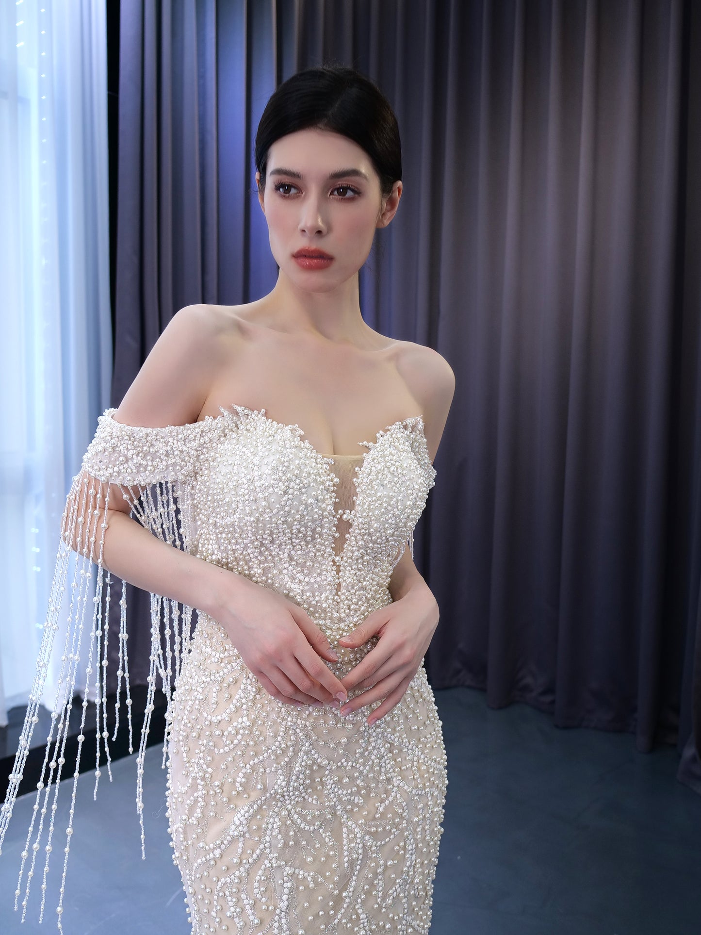 Luxury Pearls Sweetheart Tassel Slim Bridal Mermaid Wedding Dresses 222173