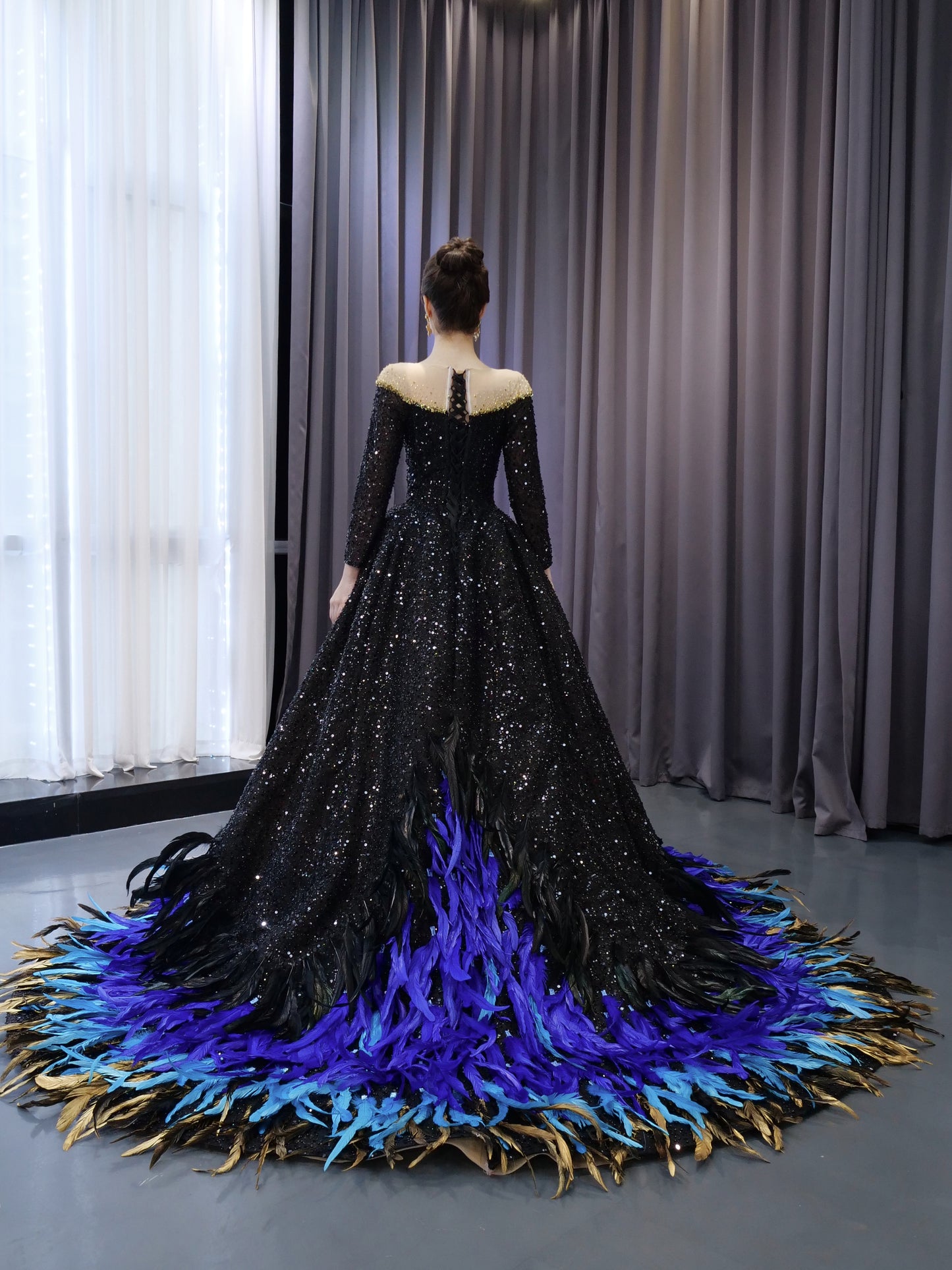 Black Party Long Sleeve Feather Evening Dresses for Girls 241060