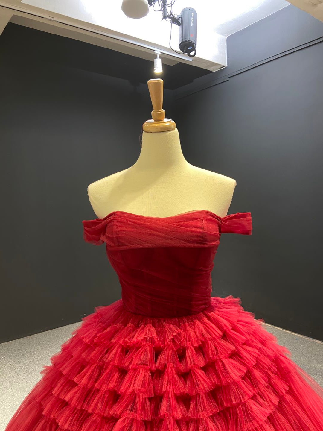 Btydress Burgundy Tulle Quinceanera Dresses Off the Shoulder Sweet 16 Dress 67120