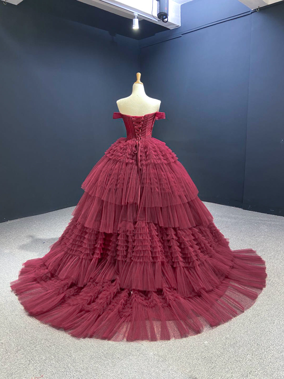 Btydress Burgundy Tulle Quinceanera Dresses Off the Shoulder Sweet 16 Dress 67120