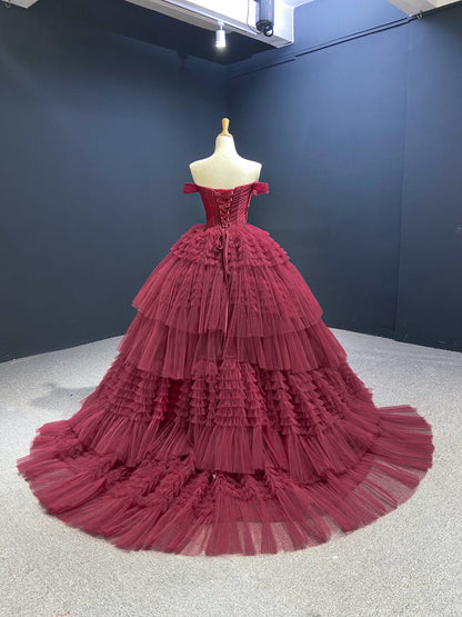 Btydress Burgundy Tulle Quinceanera Dresses Off the Shoulder Sweet 16 Dress 67120