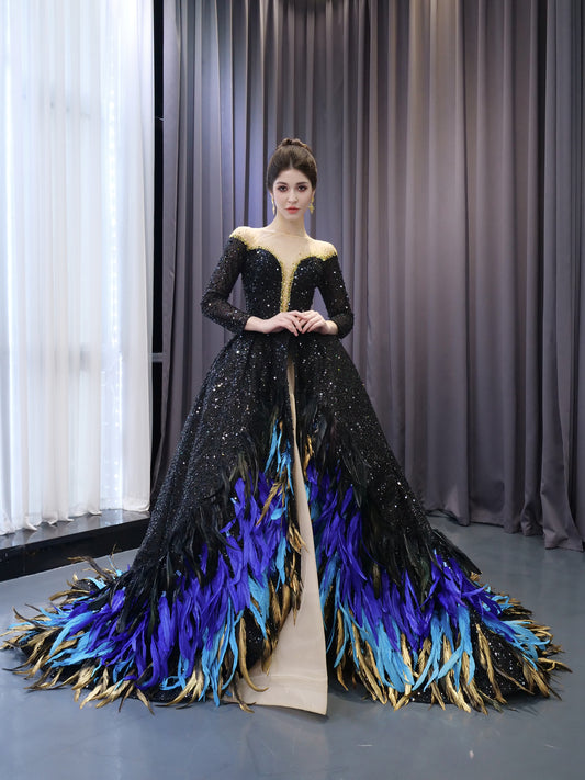 Black Party Long Sleeve Feather Evening Dresses for Girls 241060