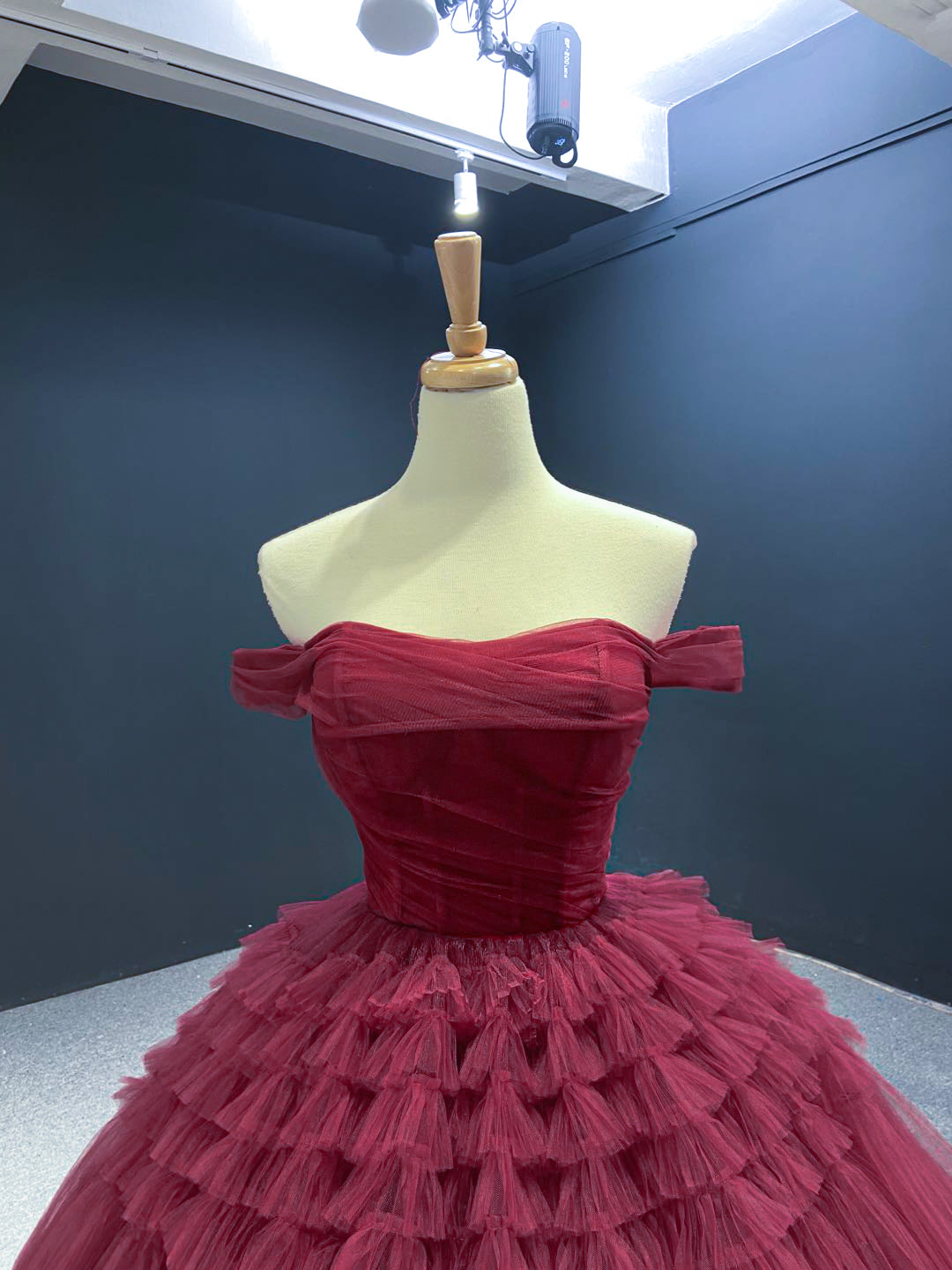Btydress Burgundy Tulle Quinceanera Dresses Off the Shoulder Sweet 16 Dress 67120