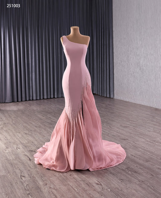 Elegant One-Shoulder Pink Mermaid Gown with Sequins and Flowing Train 251003