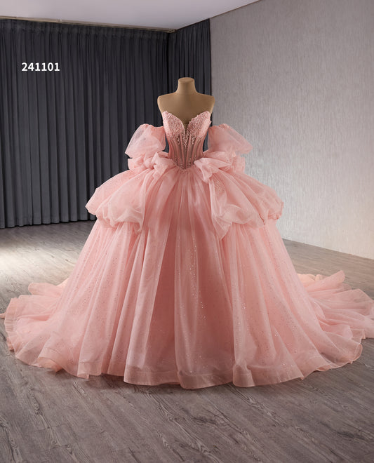 Blush Pink Tiered Glitter Beaded Quinceanera Dress with Bow 241101