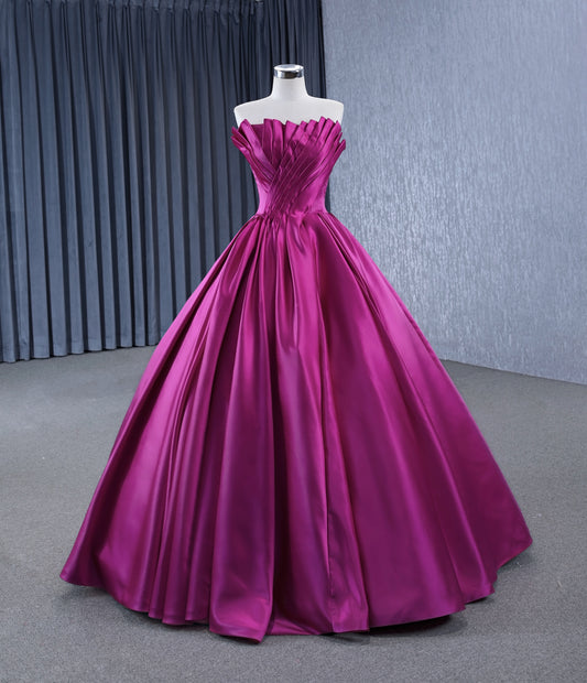 Magenta Plain Pleats Line Wedding Prom Evening Gown