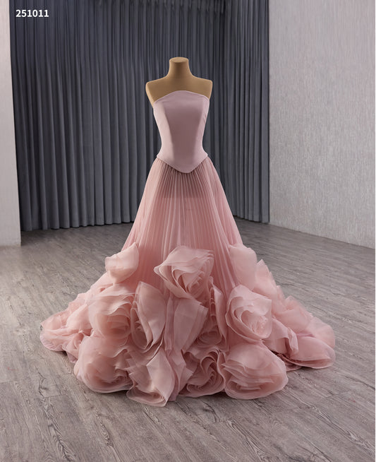 Green Pink White Flower Pleats Party Evening Dress 251011