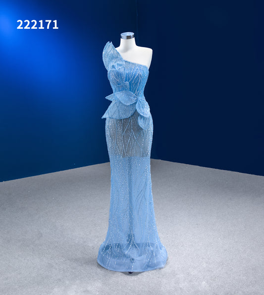 Btydress Blue Sequins Lace Mermaid Sleeveless Evening Party Dresses 222171