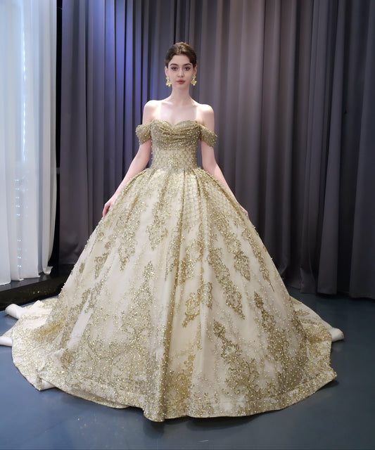 Gold Off Shoulder Pearls la glitter vestidos de quinceanera