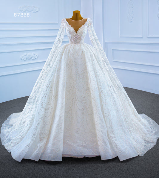 V-neckline Long Sleeves Laces Wedding Dress Bridal Gown 67228