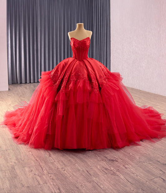 Red Sleeveless Corset Beaded Ruffles Quinceanera Ball Gown Dress 251014