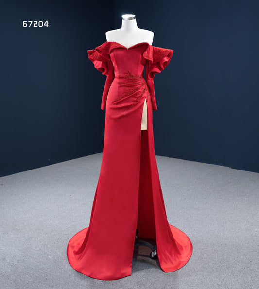 Red Satin Beaded Mermaid Wedding Dress with Long Sleeves 67204