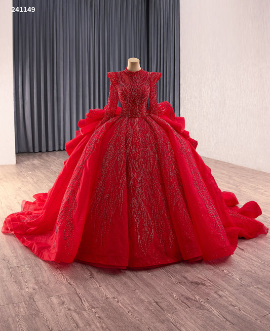 Red High Neckline Long Sleeves Back Ruffles Wedding Dress 241149