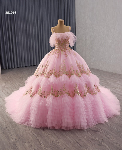 2025 New Blush Pink Gold lace Off the Shoulder Quinceanera Dress 251016
