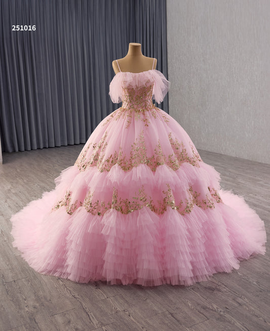 2025 New Blush Pink Gold lace Off the Shoulder Quinceanera Dress 251016