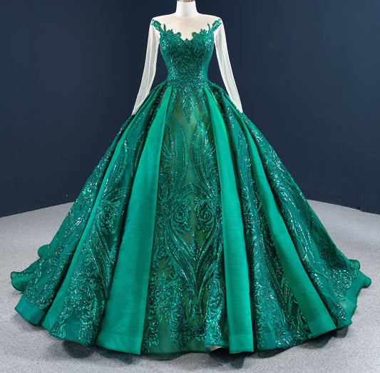 Emerald Green Appliqued Ball Gown Dress 67201