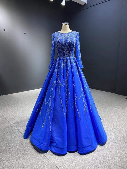 Btydress Beaded Baby Blue A-line Prom Dresses with Sleeves 67395