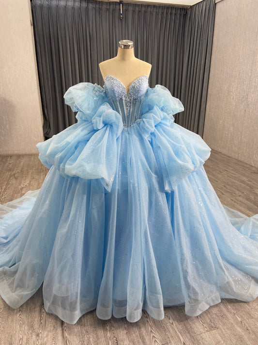 Blush Pink Tiered Glitter Beaded Quinceanera Dress with Bow 241101
