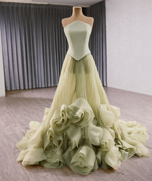 Green Pink White Flower Pleats Party Evening Dress 251011