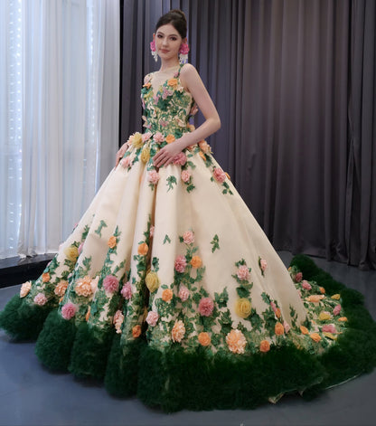 Three Dimentional Green Ruflles Appliqued Quinceanera Dress 241067