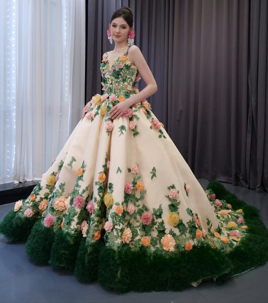 Three Dimentional Green Ruflles Appliqued Quinceanera Dress 241067