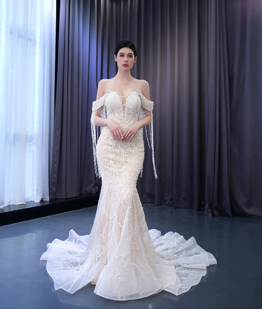 Luxury Pearls Sweetheart Tassel Slim Bridal Mermaid Wedding Dresses 222173