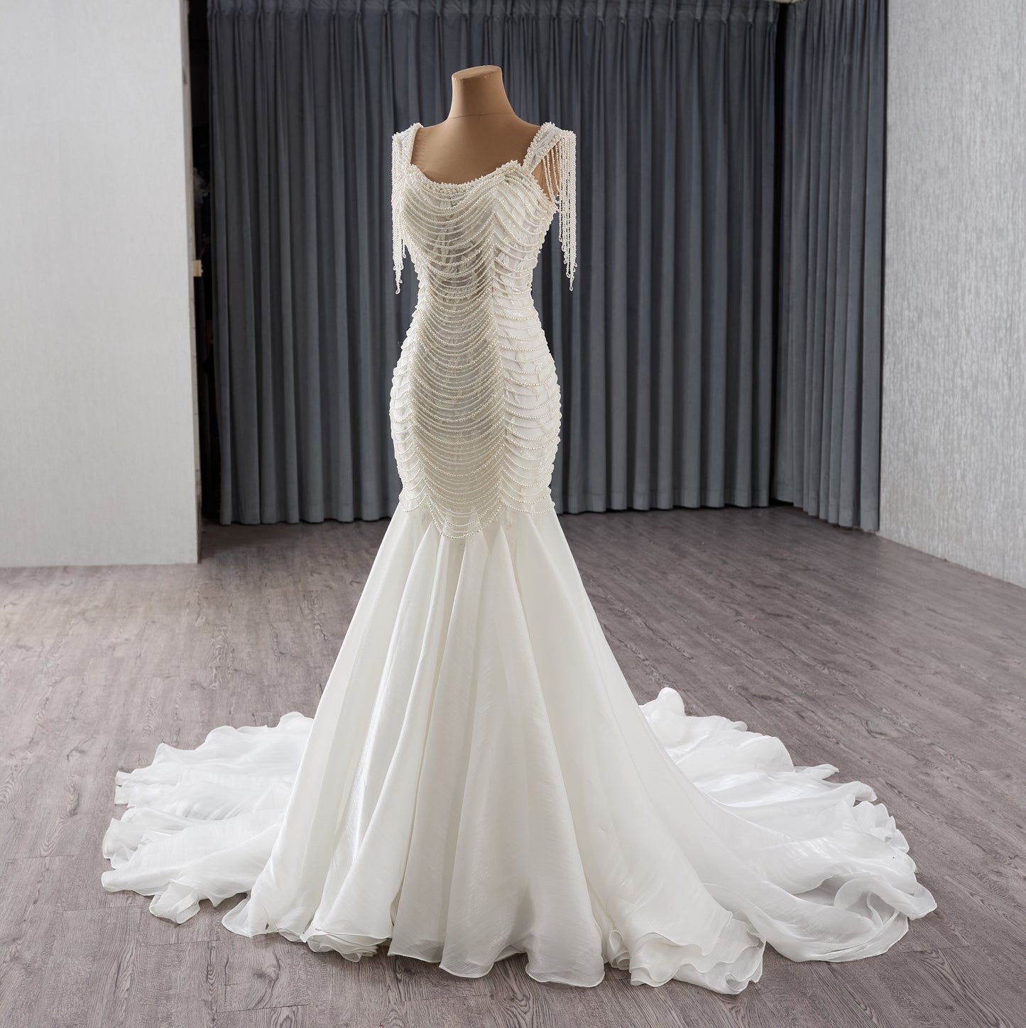 2025 Hand Beading Pearls White Mermaid Dress 241138