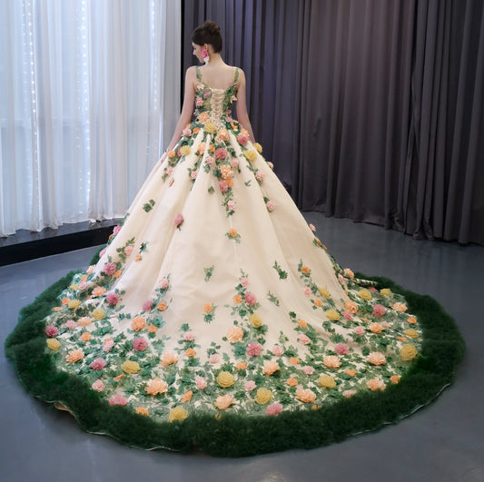 Three Dimentional Green Ruflles Appliqued Quinceanera Dress 241067