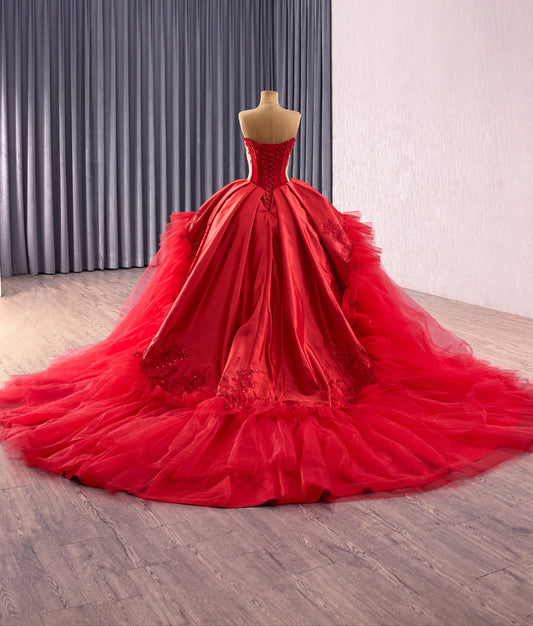 Red Sleeveless Corset Beaded Ruffles Quinceanera Ball Gown Dress 251014