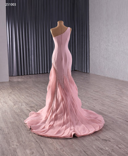 Elegant One-Shoulder Pink Mermaid Gown with Sequins and Flowing Train 251003