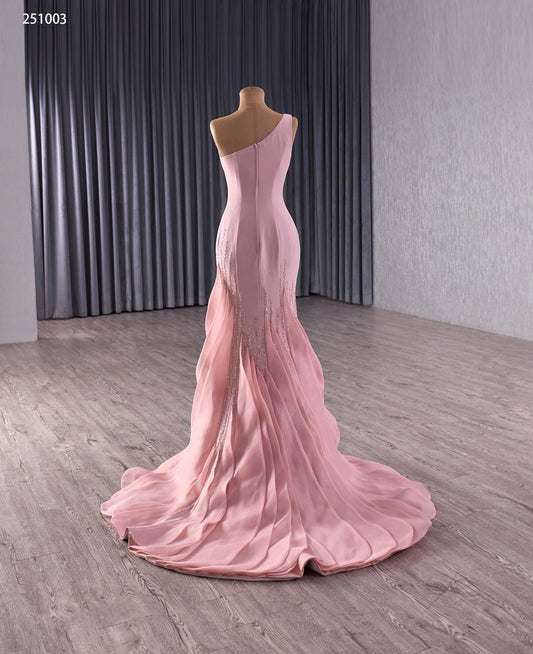 Elegant One-Shoulder Pink Mermaid Gown with Sequins and Flowing Train 251003
