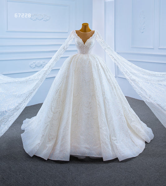 V-neckline Long Sleeves Laces Wedding Dress Bridal Gown 67228