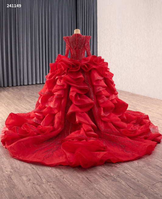 Red High Neckline Long Sleeves Back Ruffles Wedding Dress 241149