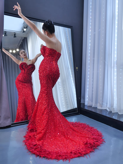 Red Sequin Pageant Dresses Strapless Mermaid Evening Gown 222150