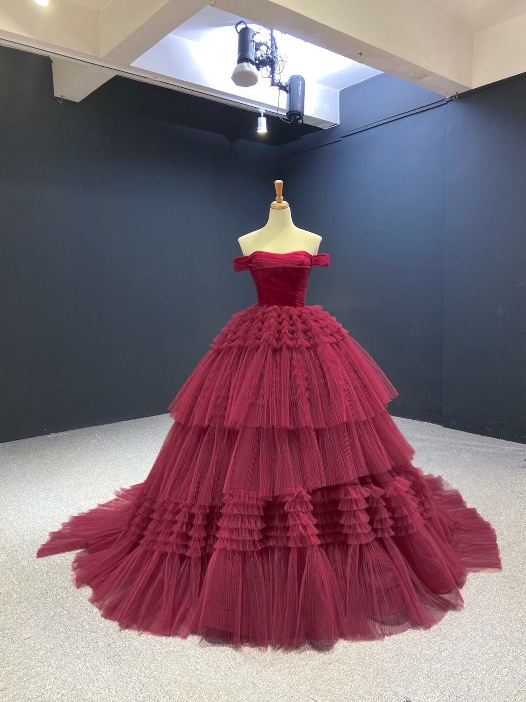 Btydress Burgundy Tulle Quinceanera Dresses Off the Shoulder Sweet 16 Dress 67120