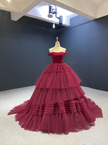 Btydress Burgundy Tulle Quinceanera Dresses Off the Shoulder Sweet 16 Dress 67120